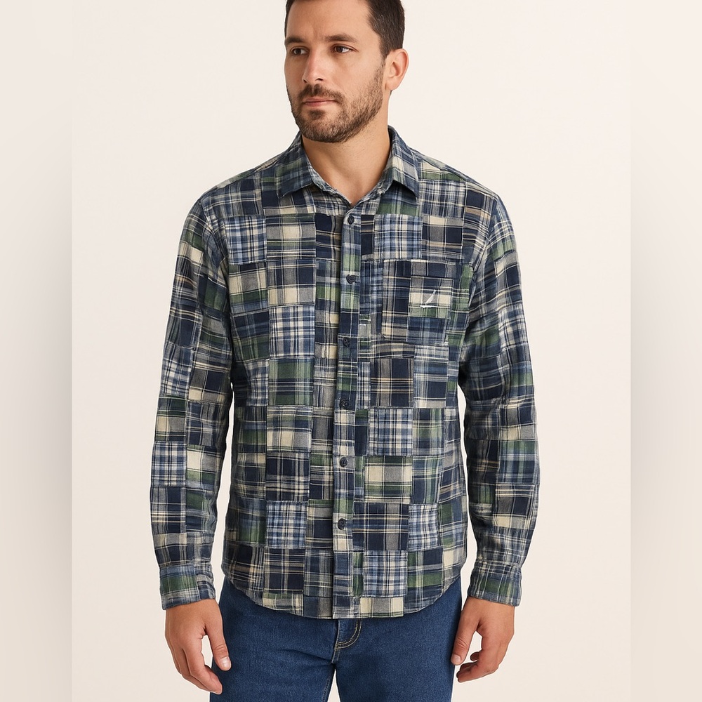 Nautica Patchwork Blue Plaid Button Down Shirt Me… - image 1